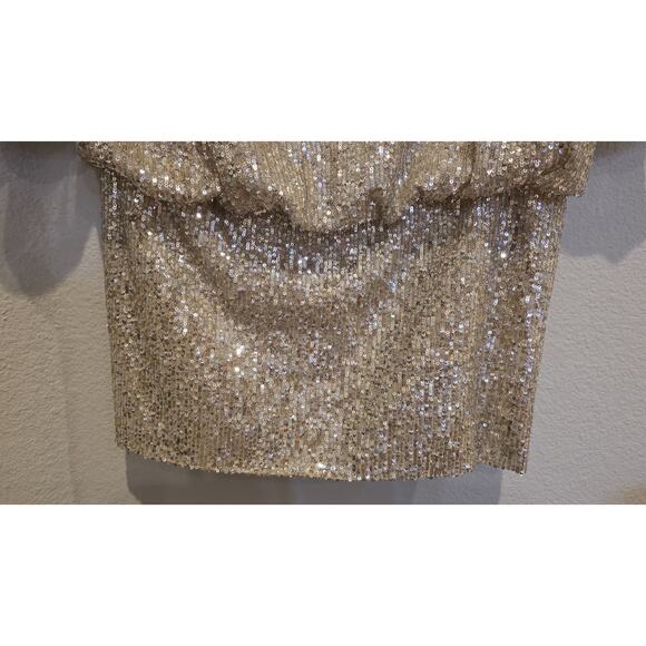 7 For All Mankind Shift Dress Womens L Gold Sequin Long Sleeve Scoop Neck - Picture 6 of 10